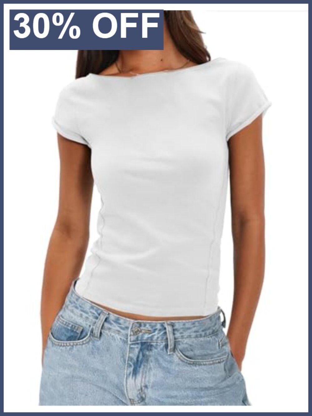 Fitted Boat Neck Cap Sleeve Tee Raw Cut Lightweight Summer T-Shirt
